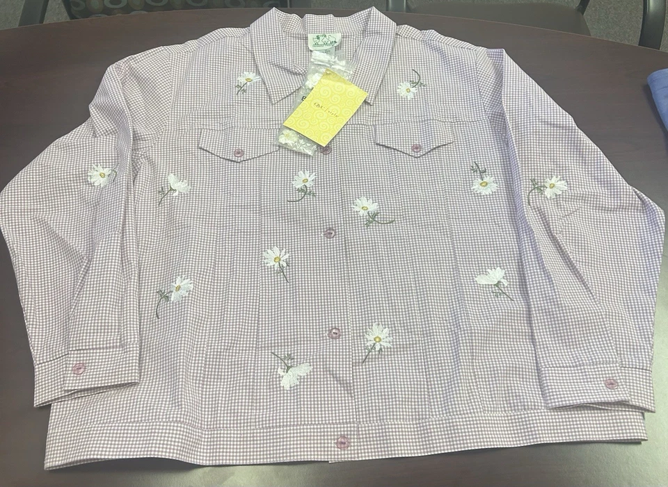 Quacker Factory Sz 3X Purple Gingham Embroidered Daisies Jacket NWT - Image 3 of 4