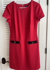 Tommy Hilfiger Red Shift Dress Gold Button Faux Pockets Career Preppy Sz 8