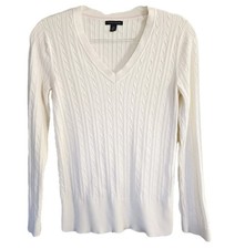Tommy Hilfiger Cable Knit V Neck Pullover Sweater Size L Womens White Preppy