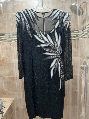 aj bari beaded dress 1990S A. J. EMBELLISHED BEADED, SEQUIN EVENINGWEAR BLACK SIZE 10 Color:Black Fuchsia Bari Black Dress. juliet sleeves dress Lady Gaga Always Remember