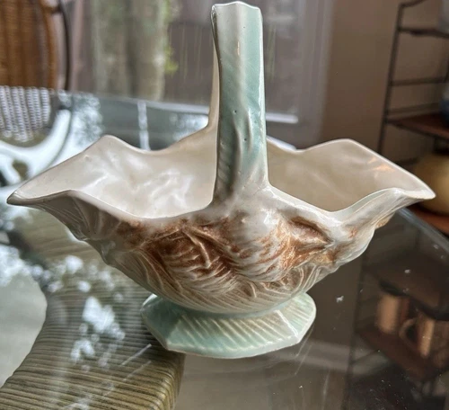 McCoy Pottery, A Vintage McCoy Pottery Piece, Green And Cream Basket. No Chips.