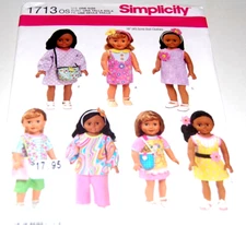 Simplicity Pattern # 1713 - Girl 18" Doll Clothes - Seven Outfits & Purses - NEW