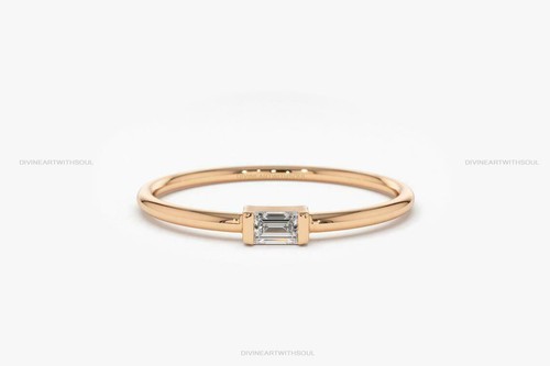 Solid Gold With Natural Brilliant Cut Baguette Diamond 14k Gold Stacking Ring - Picture 5 of 7
