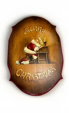 VNT 1980s Hand painted Toleware Merry Christmas Wall Plaque Santa Claus Writing 