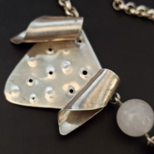 Handmade Silver Necklace Brutalist Modernist Sculptural OOAK Pink Stone 925 Gift - Picture 11 of 23