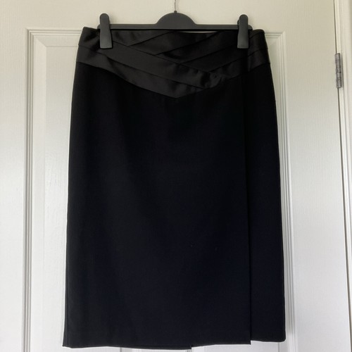 BLACK STRAIGHT FORMAL SKIRT 14 Lined Satin Waist Back Zip Wrap Style