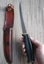 TRAMONTINA FILLET KNIFE IN LEATHER SHEATH, VERY GOOD OVERALL, VINTAGE, RARE