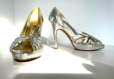 Nina Evening Shoes Silver Metallic w/Gold Liner Genuine Leather Sole USA 7M