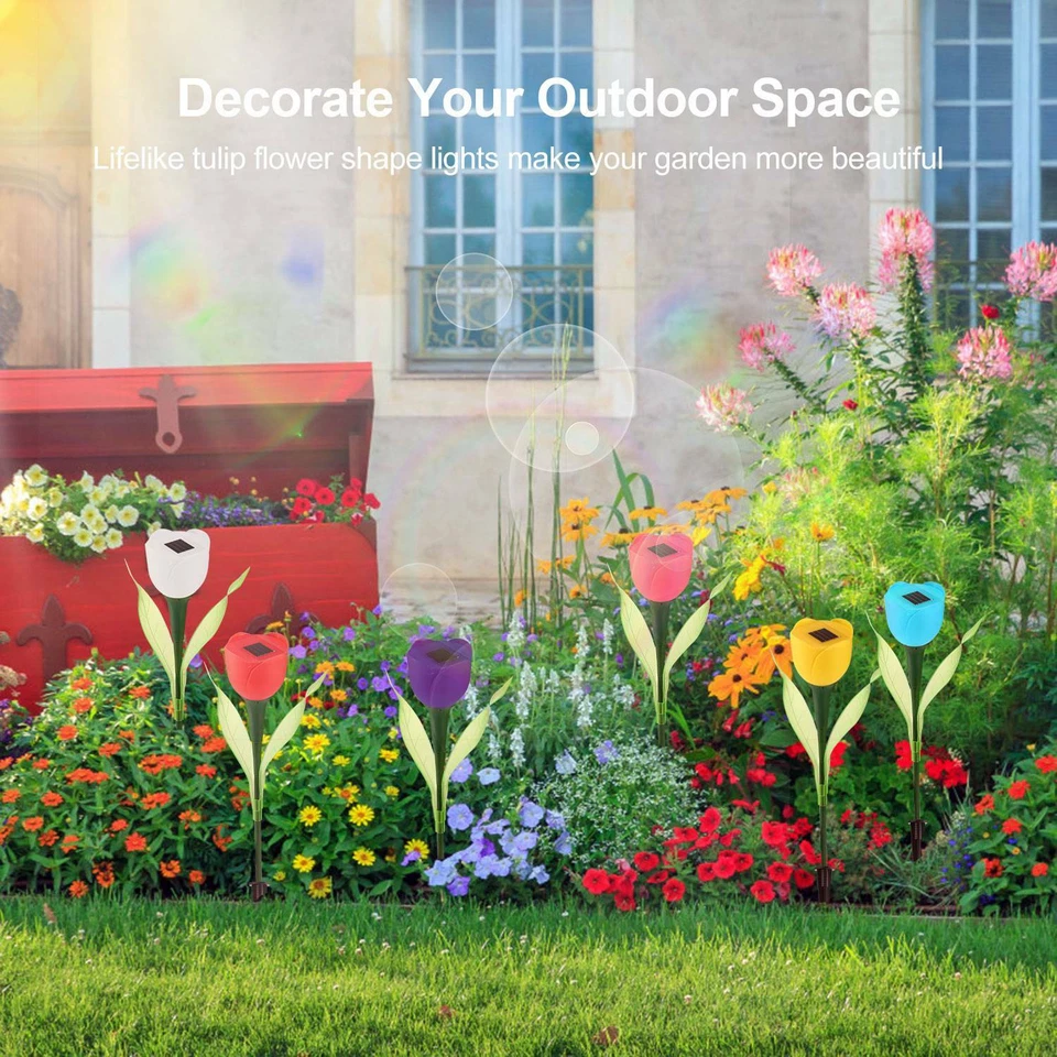 6x Luces LED de flores de tulipán con energía solar para exteriores Jardín Césped Camino Decoración Lámpara Foto 4 de 4