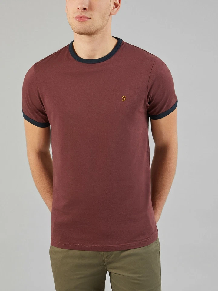 Farah Vintage Arboledas Ringer Camiseta Rojo Cuello Verano Smart Informal Hombre - Imagen 2 de 4