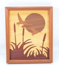 Vintage 1985  Hand Carved  Wood Inlay Flying Duck Marquetry Artwork  11” x 9”