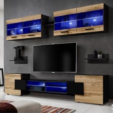 NUOVO komodee Foggia Set Di Mobili RTV, Bianco Nero Rovere LED ripiani in vetro