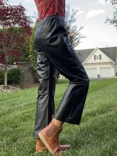 Genuine Black Leather Mid to High Waist Vintage Crop Wide Leg Vintage Pants M