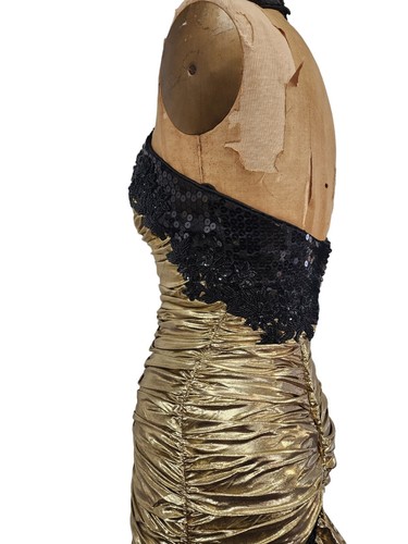Vtg 80s Prom Dress XS Mermaid Gold Lame Halter Metallic Ruched Pageant Gown - Picture 16 of 19