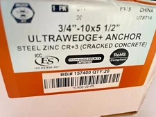 US ANCHOR Proferred UltraWedge+ CR+3 Steel Zinc 3/4"-10 x 5 1/2" Box 20  157400 