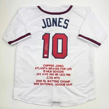 Autographed/Signed CHIPPER JONES Atlanta White Stat Baseball Jersey JSA COA Auto
