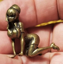 SHADOWBOX MINIATURE-BRASS CHINESE TINY BODACIOUS  "NURSE ON HER KNEES" FIGURINE