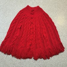 Vtg Granny Handmade Cape Shawl Poncho Knit Fringe Red Button Front One Size