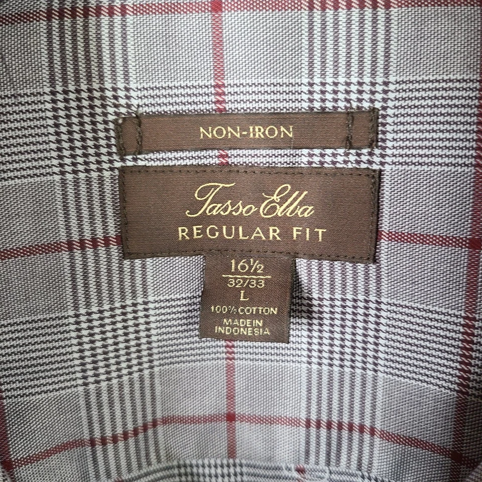 Tasso Elba Shirt Mens L 16.5 32/33 Gray Red Plaid Regular Fit Non Iron Button Up - Image 4 of 4