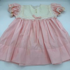 Vintage Girl's Pink Lace Trim Dress Puffy Sleeve Button Back