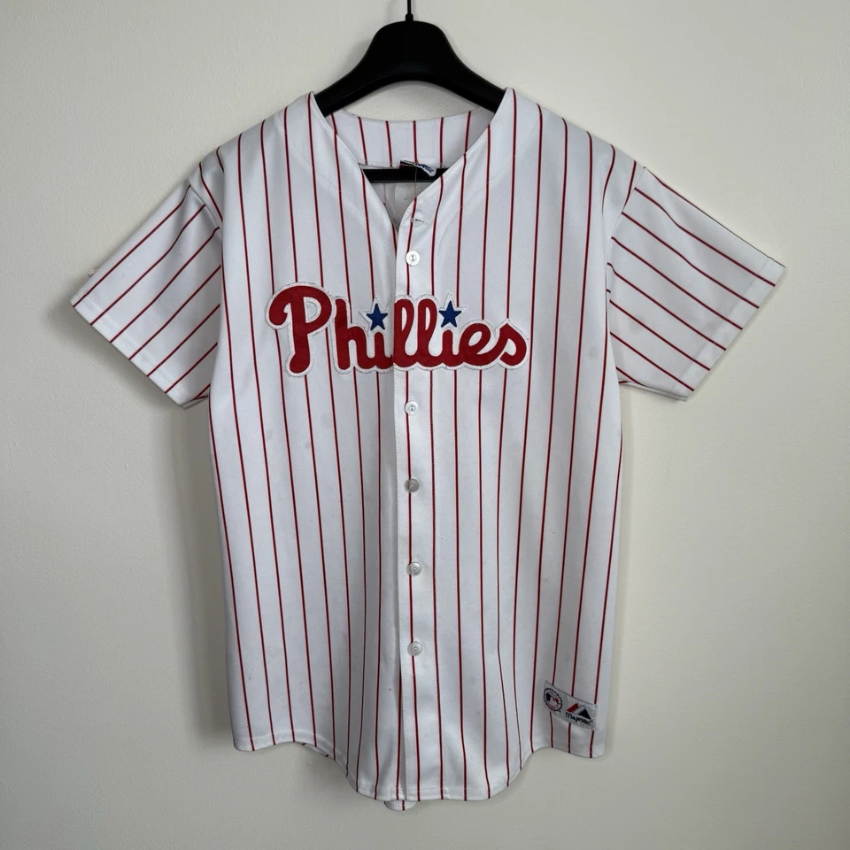 Camiseta deportiva vintage de los años 00 Majestic Phillies Chase Utley L blanca a rayas Foto 3 de 4
