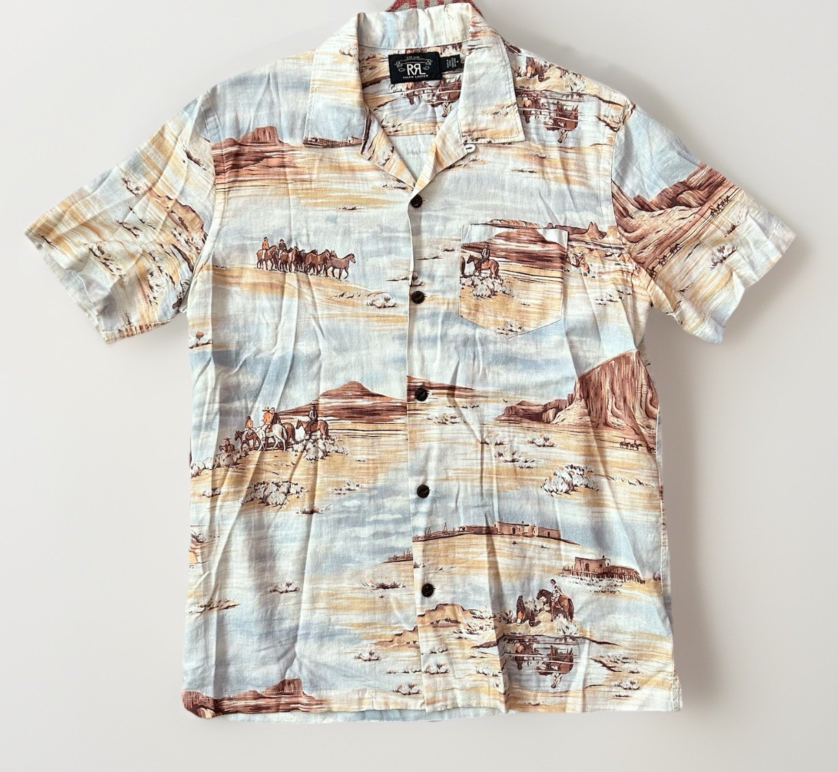RRL Double RL Short Sleeve Hawaiian Camp Shirt Western Cowboy  Print Vintage