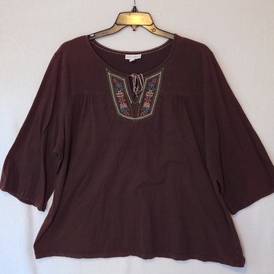 Fashion Bug Women's Sz 30 Brown Embroidered 3/4 Sleeve Knit Cotton Top Blouse