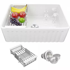 White Fireclay 36 In. Single Bowl Apron-Front Kitchen Sink with Basket Strainer