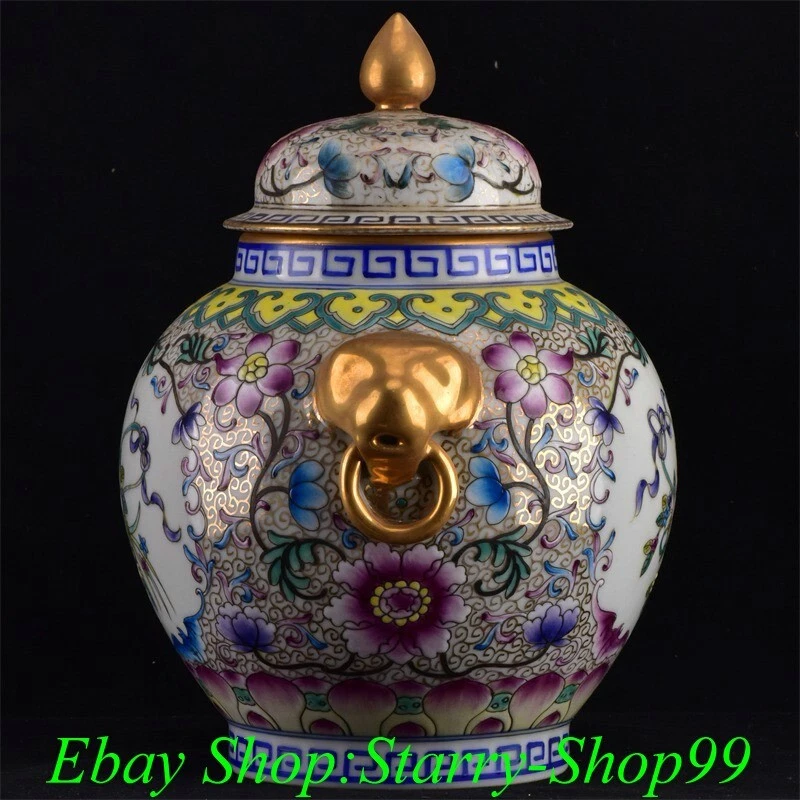 Tarro de 2 orejas de porcelana dorada con patrón de flores rosa familiar con marca Qianlong Foto 4 de 4