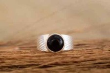 Black Onyx Round Gemstone Ring 925 Sterling Silver Boho Ring Hammered Ring Gift
