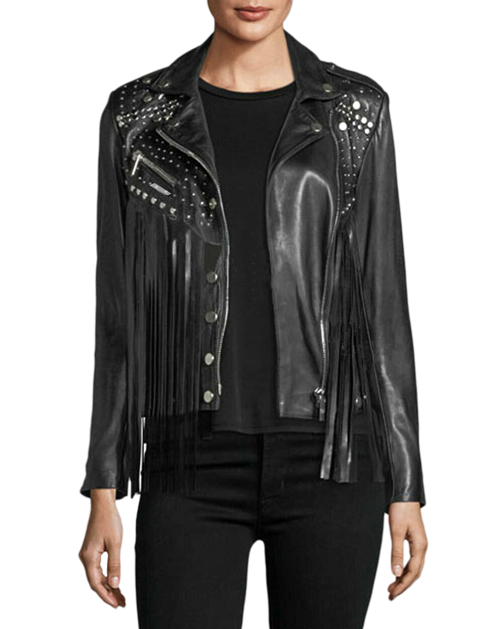 Studded Fringe Biker Leather Jacket | eBay