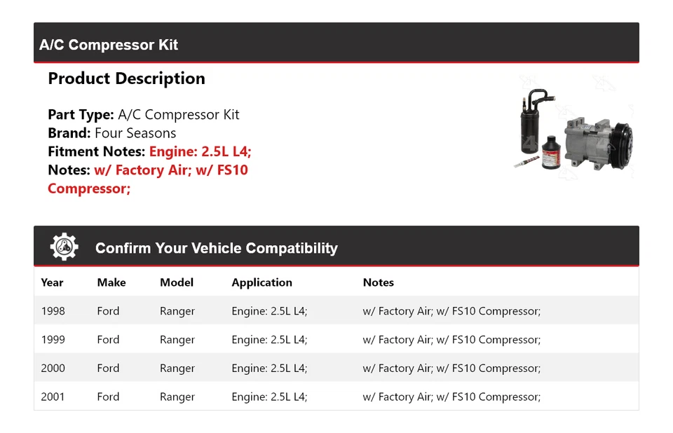 Kit de compressor A/C Ford Ranger 2.5L L4 1998-2001 4 estações 1999 2000 - Imagem 2 de 4