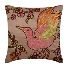 Decorative Sofa Cushion Case Pink 16"x16", Home Decor Silk - Colorful Birdy