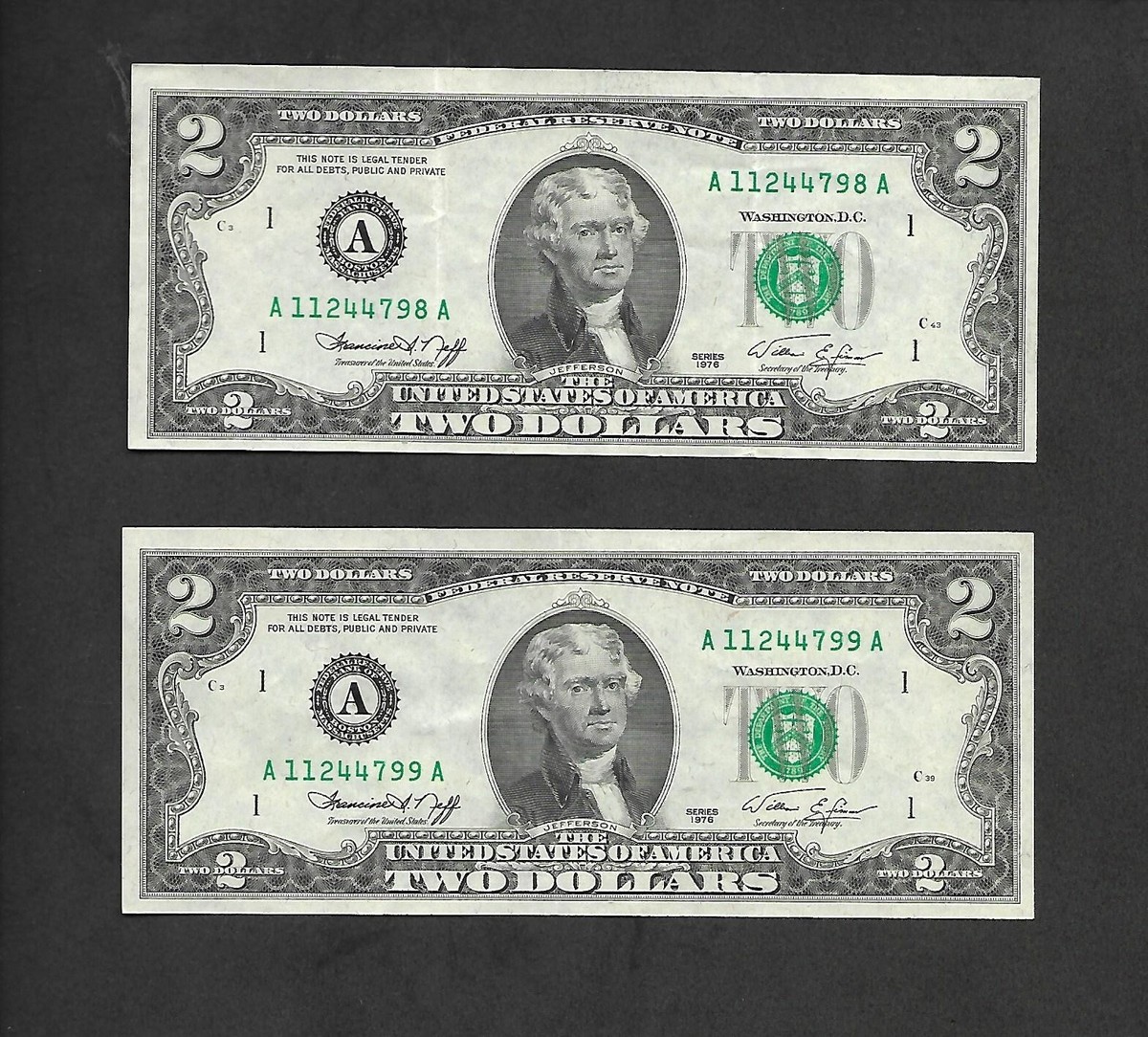 貴重　Made in U.S.A-2 1976 $2 US Dollar Bill Series 1976 - Fancy Serial Number Almost