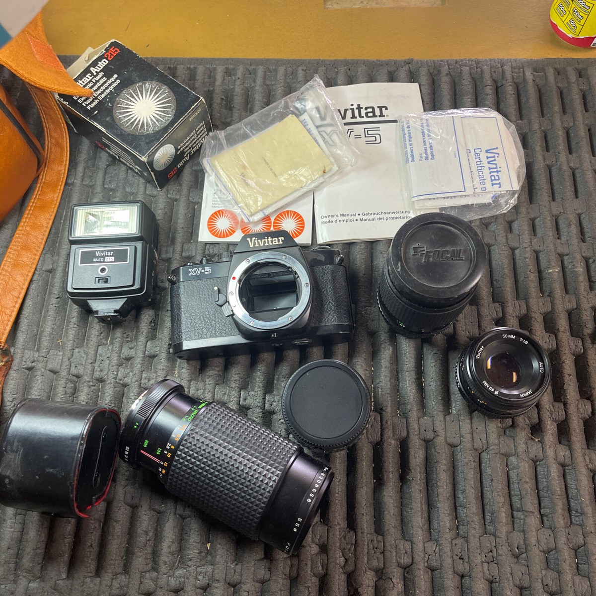 Vintage Vivitar XV-5 35mm Film Camera w/ 3 Lenses Flash And Extras