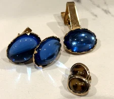 EMMONS EMJ SET LOT 3 GOLD CUFF LINKS & TIE BAR CLIP BLUE & TORTOISE MCM MOD EUC