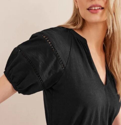 Boden Dress UK12 Black Broderie Trim Short Sleeve Belted Relaxed - Picture 4 of 19