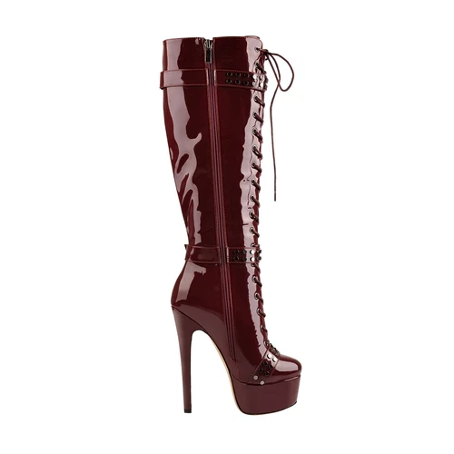 Women's Patent Leather Lace Up High Heel Platform Side Zip Knee High Boots Shoes - Bild 9 von 14