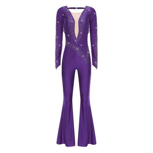 Damen Tanzkleidung Kostüm Pullover Cha-cha Rompers Langarm Tanz Schnitt Strass - Bild 55 von 61