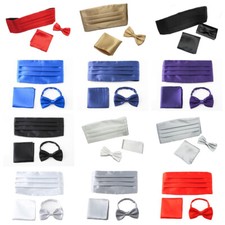 Men Satin Bow Tie Cummerbund Handkerchief Pocket Square Wedding Party Suit Set