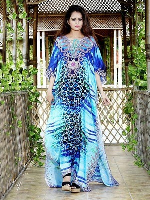 Elegante abito vestito morbido lungo boho bohemian caftano azzurro blu 5288  | eBay