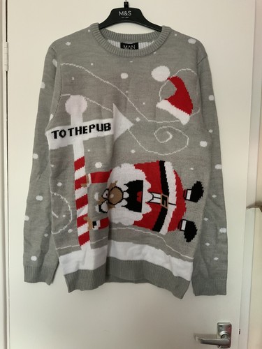 BNWT Mens Grey Santa - To The Pub Novelty Christmas Jumper Size Large BoohooMan | eBay