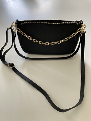 Italien Damen Tasche Crossbody Schultertasche Leder schwarz gold mit Panzerkette
