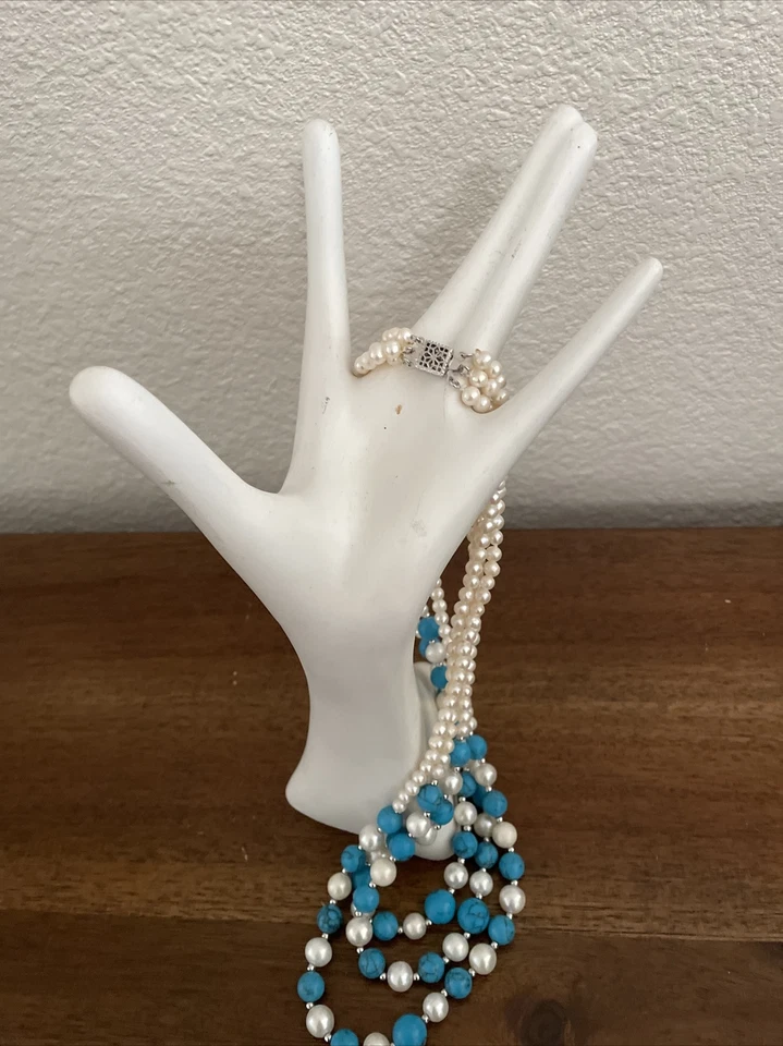 Triple Strand Pearl & Turquoise Cascade Necklace Sterling EUC - Image 3 of 4