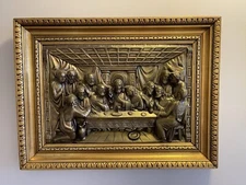 VINTAGE CONTINENTAL LAST SUPPER PRIESTS ALTAR CHAMBER COPPER  WALL PLAQUE FRAMED