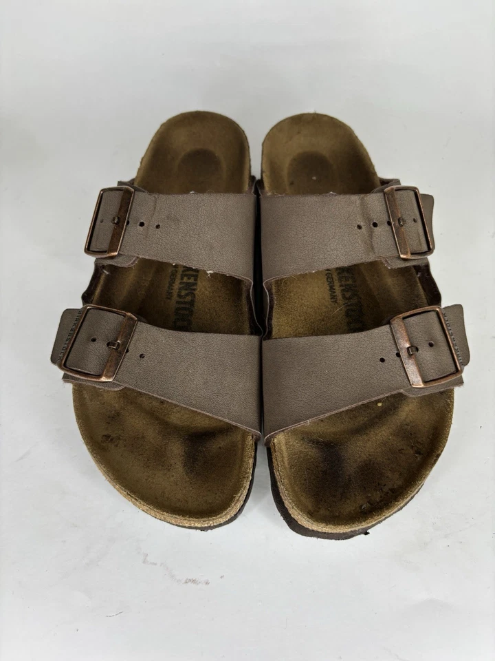 Sandalias Birkenstock Slides Doble Correa Mujer 38 EE. UU. 7 Marrón Cuero Hebilla Foto 4 de 4