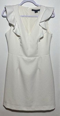French Connection Cream Whisper Ruffle V-Neck Sleeveless Sheath Dress Womens 8