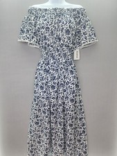 Anthropologie Kindred PM White Dress Navy Floral Off Shoulder Maxi Smocked