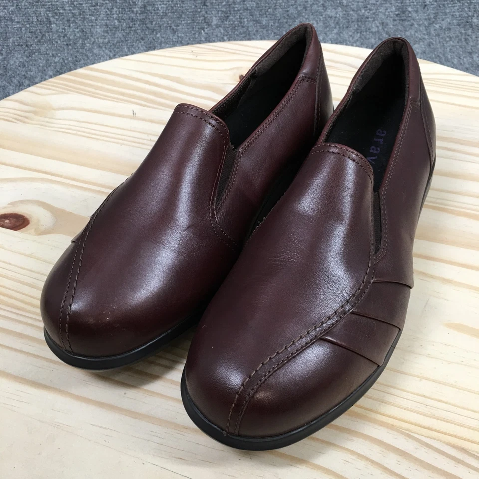 NUEVO Zapatos Aravon Para Mujer 9 EE Faith Mocasines Sin Cordones Planos WEF13BR Cuero Marrón Foto 3 de 4