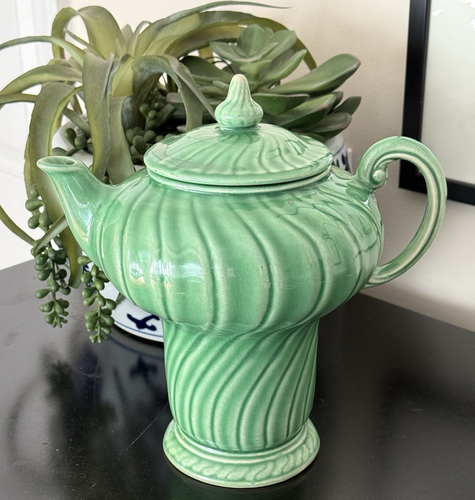Vintage Green Swirl Teapot Tall Ribbed Franciscan Coronado - Picture 2 of 7